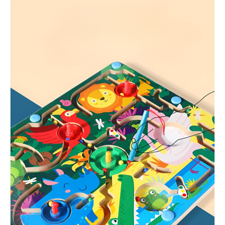 Joc Montessori de Sortare Culori, Cyrax, Creion Magnetic, Tip Labirint Ilustrat, din Lemn, Model Animale Salbatice, 39x29x1.5 cm