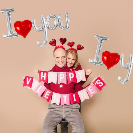 Cyrax Balon din Folie Metalizata, Figurine Litere si Inima, Model I Love You, Tema Ziua Indragostitilor, 54x97 cm, Ambalaj Individual, Pai Inclus, Umflare cu Aer sau Heliu, Argintiu/Rosu