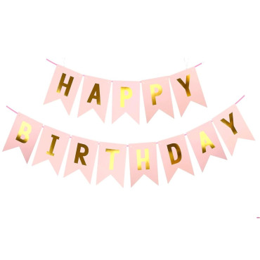 Banner Happy Birthday 100x200 cm, Cyrax, Dimensiune Stegulet 11.5x16.5 cm, Rola de Ata Inclusa, Roz