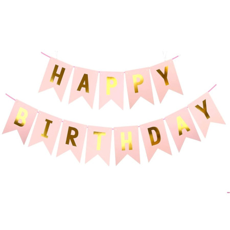 Banner Happy Birthday 100x200 cm, Cyrax, Dimensiune Stegulet 11.5x16.5 cm, Rola de Ata Inclusa, Roz