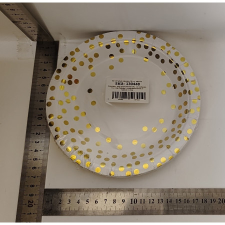 Set 10 Farfurii Unica Folosinta, Cyrax, Imprimeu cu Buline, din Carton, Diametru 18 cm, Alb/Auriu