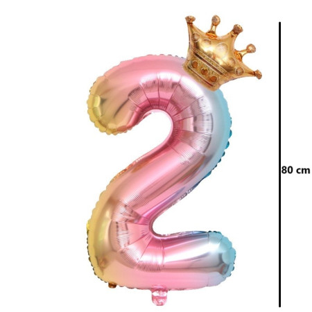 Balon din Folie Metalizata, Cyrax, Figurina Cifra Gradient, Tema Aniversare 80 cm, Ambalaj Individual, Pai inclus, Umflare cu Aer sau Heliu, Coronita, Cifra 2