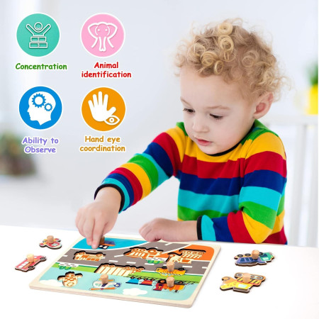 Puzzle Montessori din Lemn pentru Copii, Cyrax, 0-3 Ani, 3D, Model Transporturi, Educativ, Intuitiv, Creativ, 9 Piese, 30x22.5x0.8 cm, Multicolor