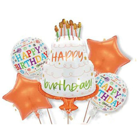 Baloane pentru aniversare, Cyrax, tematica Happy Birthday, set 5 baloane, 1 TORT 70 x 101 cm, 2 Stele, 2 Rotunde, din folie de aluminiu, pai de carton inclus, Portocaliu