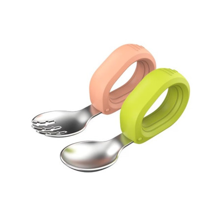 Set 3 Piese Diversificare Bebelusi si Copii, Cyrax, Bol, Lingura si Furculita, Model Broscuta, din Silicon si Otel Inoxidabil, Verde