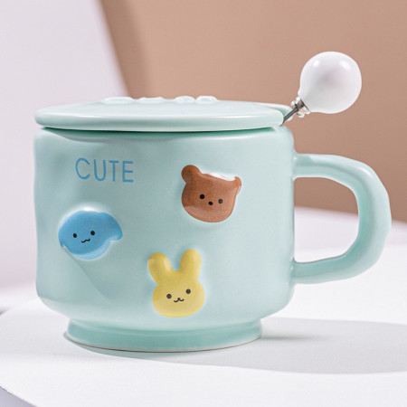 Cana ceramica, Cyrax, din Portelan, print Figurine Animalute, Cana penru Copii, Model CUTE, Cana cu Lingura si Capac, Ceasca pentru Cafea, Ceai, 400ml Albastru