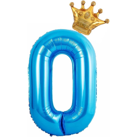 Balon din Folie Metalizata Cyrax, Figurina Cifra si Coroana, Tema Aniversare 100 cm, Ambalaj Individual, Pai inclus, Umflare cu Aer sau Heliu, Albastru, Cifra 0
