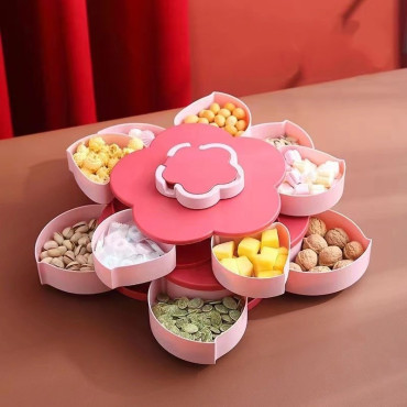 Tava pentru Servire, Cyrax, pentru Fructe / Legume / Snackuri, cu Sertare, Deschidere Rotativa, pe 2 Straturi, in Forma de Floare, 26 x 26 x 11.5 cm Roz