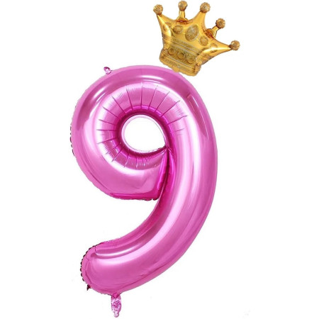 Balon din Folie Metalizata Cyrax, Figurina Cifra si Coroana, Tema Aniversare 100 cm, Ambalaj Individual, Pai inclus, Umflare cu Aer sau Heliu, Roz, Cifra 9