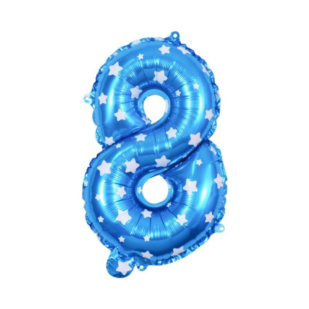 Balon din Folie Metalizata Cyrax, Figurina Cifra, Imprimeu Stele, Tema Aniversare 80 cm, Ambalaj Individual, Pai inclus, Umflare cu Aer sau Heliu, Albastru, Cifra 8