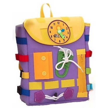 Ghiozdan Montessori, Cyrax, pentru Copii 2-6 ani, Fidget Pop, cu Catarame si Fermoare, Jucarii Senzoriale, Activitate de Invatare prin Joc, Mov, 0.25 kg, 28x10x23 cm