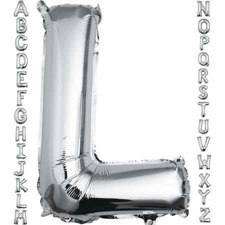 Balon Folie Metalizata Litera L, Cyrax, 40 cm, Umflati cu Heliu sau Aer, Ambalaj Individual, Pai inclus, Argintiu