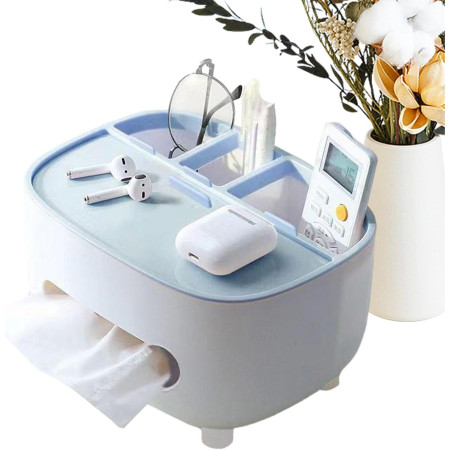 Suport pentru Servetele,  Cutie Multifunctionala, Design Minimalist, ABS, cu Suport pentru Obiectele Personale, pentru Birou, 21x12x12 cm, Albastru