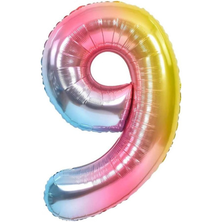 Balon din Folie Metalizata Gradient Cyrax, Figurina Cifra, Tema Aniversare 100 cm, Ambalaj Individual, Pai inclus, Umflare cu Aer sau Heliu, Multicolor, Cifra 9