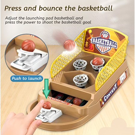 Joc de Masa Mini Baschet Interactiv pentru Copii, Cyrax, 4 Cosuri, 3 Mingi Incluse, 23.5x11.5x14 cm, Maro