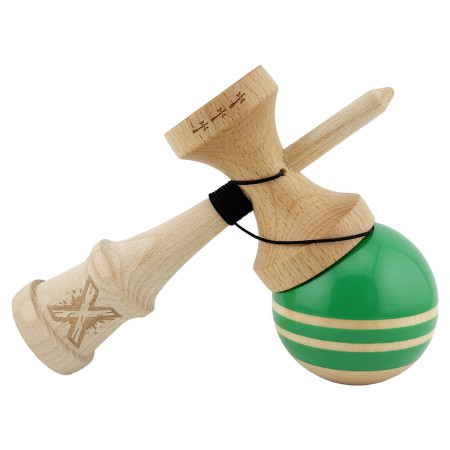 Kendama X Rainbow Originala, Profesionala, Cyrax, Big Cups V2, Super Sticky cu Cupe Mari, Rulment Metalic, din lemn 18 cm, Ata 55 cm, Verde/Maro