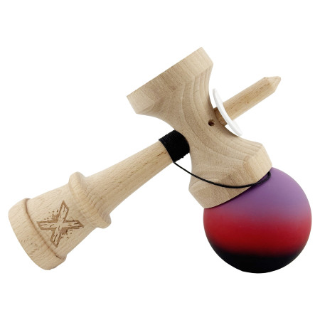 Kendama X Originala, Profesionala, Cyrax, Cupe Mari KING SIZE V3, Rubber Grip, Gaura in Baza, Rulment Metalic, din lemn 18 cm, Ata 62/65 cm, Gradient Mov/Rosu/Negru