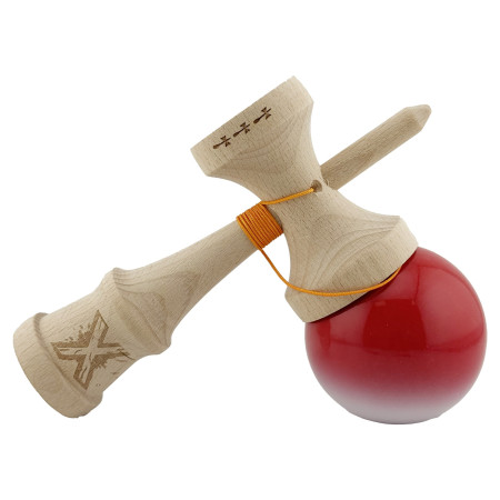 Kendama X Originala, Profesionala, Cyrax, Big Cups V2, Super Sticky cu Cupe Mari, din lemn 18 cm, Rulment Metalic cu Ata 55 cm, Gradient Rosu/Alb