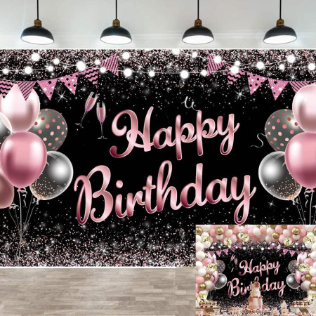 Banner Tip Fundal pentru Poze, Cyrax, din Panza, 185 x 110 cm, Sfoara 6 m, Prindere in 4 Colturi, Negru/Roz