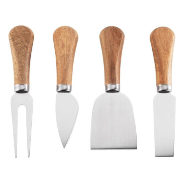 Set 4 cutite pentru branza Cyrax, din otel inoxidabil, maner din lemn de salcam, pentru branza sau unt, 15 x 6.3 x 3 cm, argintiu
