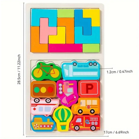 Puzzle Montessori din Lemn pentru Copii, Cyrax, Tip Tetris 2in1, +3 Ani, cu Masini Colorate 3D, Educativ, Intuitiv, Creativ, 21 de Piese, 28.5x17x1.2 cm, Multicolor