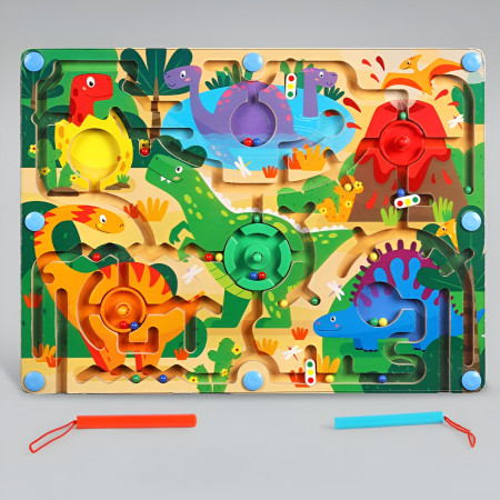 Joc Montessori de Sortare Culori, Cyrax, Creion Magnetic, Tip Labirint Ilustrat, din Lemn, Model Dinozauri, 39x29x1.5 cm
