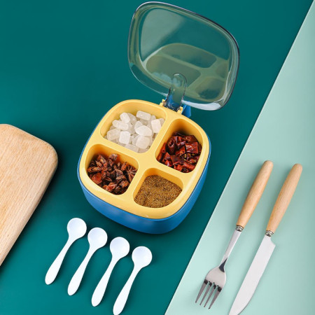 Recipient pentru condimente Cyrax, 4 casute, potrivit pentru sare, cimbru, piper, condimente, 4 lingurite din plastic, capac din plastic, maner, 14x14x8 cm, albastru