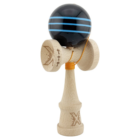 Kendama X Originala, Profesionala, Cyrax, Big Cups V2, Super Sticky Legendary Cupe Mari, Rulment Metalic cu Ata 55 cm, Negru/Linii Albastre deschise