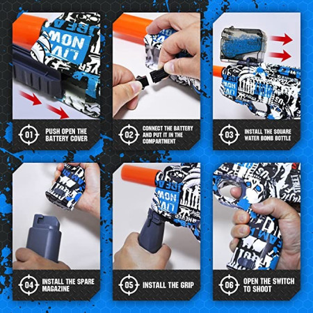 Mitraliera de jucarie electrica Cyrax cu bile de hidrogen de gel, gun bluster, tragere in rafala, varsta peste 6 ani, ochelari de protectie, 5000 de bile incluse, cablu de incarcare, 40.1 x 31.6 cm, Mp9, albastru