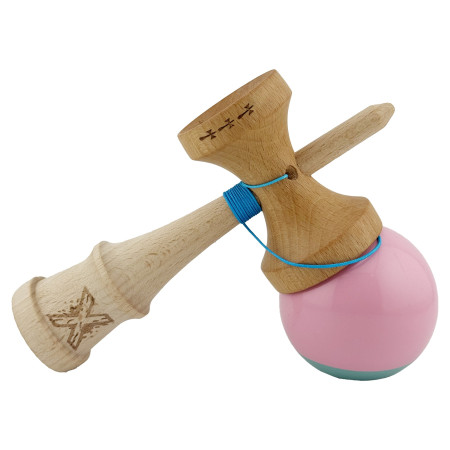 Kendama X Originala, Profesionala, Cyrax, Big Cups V2, Super Sticky cu Cupe Mari, Rulment Metalic, din lemn 18 cm, Ata 55 cm, Roz/Verde