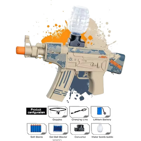 Mitraliera de jucarie electrica Cyrax cu bile de hidrogen de gel, gun bluster, tragere in rafala, varsta peste 6 ani, ochelari de protectie,  5000 de bile incluse, cablu de incarcare, 28x31 cm, AK47, crem