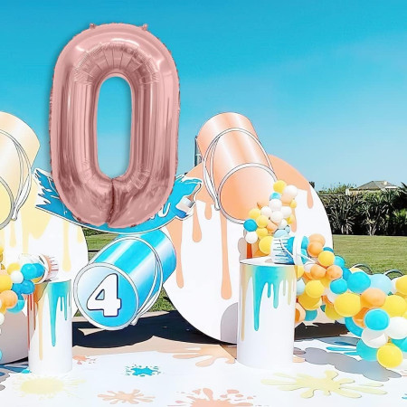 Balon din Folie Metalizata Cyrax, Figurina Cifra, Tema Aniversare 40 cm, Ambalaj Individual, Pai inclus, Umflare cu Aer sau Heliu, Rose Gold, Cifra 0