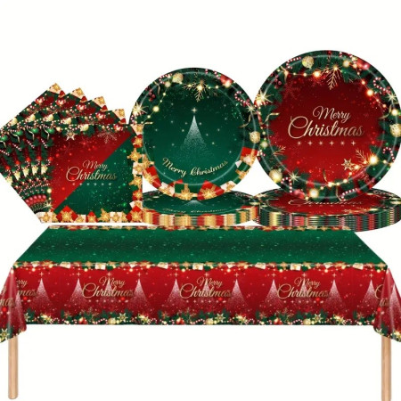 Set 119 Piese, Cyrax, pentru Masa de Craciun, Farfurii 18 cm, Farfurii 23 cm, Pahare, Servetele, Tacamuri, Fata de Masa, Ghirlanda, Paie, Rosu/Verde