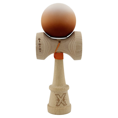 Kendama X Originala, Profesionala, Cyrax, Cupe Mari KING SIZE V3, Rubber Grip, Gaura in Baza, Rulment Metalic, din lemn 18 cm, Ata 62/65 cm, Gradient Alb/Maro