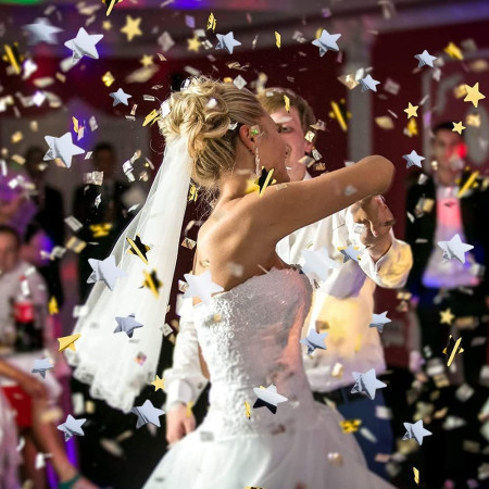 Tub de Confetii, Cyrax, Bonne Annee, 60x5 cm, Confetii Stelute din Aluminiu, Auriu/Argintiu