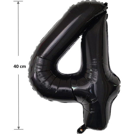 Balon din Folie Metalizata Cyrax, Figurina Cifra, Tema Aniversare 40 cm, Ambalaj Individual, Pai inclus, Umflare cu Aer sau Heliu, Negru, Cifra 4