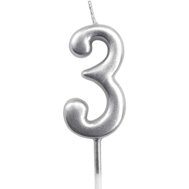 Lumanare de Tort, Cyrax, Model Cifra 3, Party, 4.5 x 2.5 cm, din Parafina, Argintiu