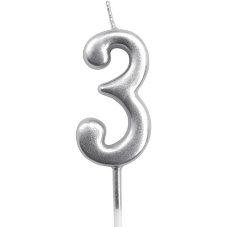 Lumanare de Tort, Cyrax, Model Cifra 3, Party, 4.5 x 2.5 cm, din Parafina, Argintiu