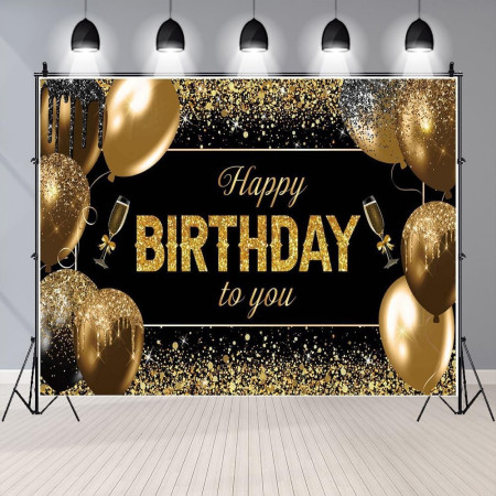 Banner Tip Fundal pentru Poze, Cyrax, din Panza, 185 x 110 cm, Sfoara 6 m, Prindere in 4 Colturi, Happy Birthday to You, Negru/Auriu
