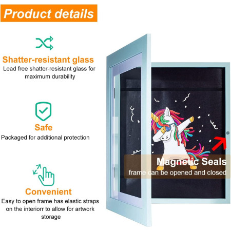 Rama Foto  cu Magnet, din Lemn, cu Spatiu Pentru Depozitare, Pentru Desene si Picturi A4, Sticla Securizata, Rama MDF, 21x30 cm, Albastru