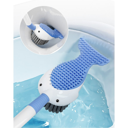 Perie de Toaleta,  cu Suport de Perete, Recipient Detergent, 2 Tipuri de Perii, Model Balena, Albastru