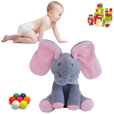 Jucarie Interactiva pentru Copii, Cyrax, Elefantel Peek-a-boo, Muzica, Misca Urechile, Alimentare cu Baterii, 30 cm, Roz-Gri