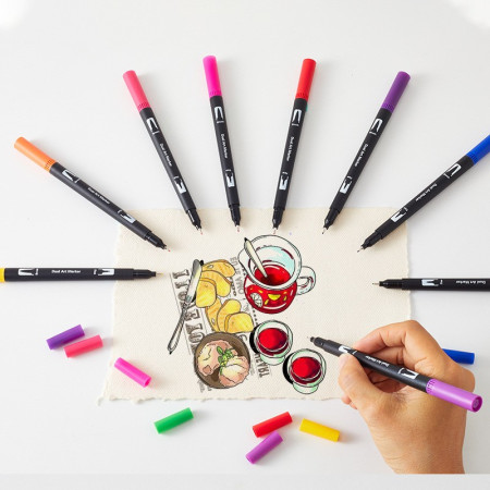 Set 12 Carioci, Cyrax, pe Baza de Apa, 2 Tipuri de Varf, 1-2 mm, 0.4 mm, Corp Carioca Negru, din Plastic, Multicolor