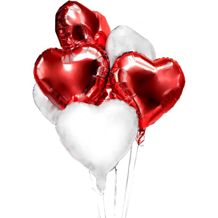 Set 3 Baloane din Folie Metalizata, Cyrax, Model Inimi, Tema Ziua Indragostitilor, 45 cm, 2 Rosii, 1 Alb, Ambalaj Individual, Pai Inclus, Umflare cu Aer sau Heliu, Alb/Rosu