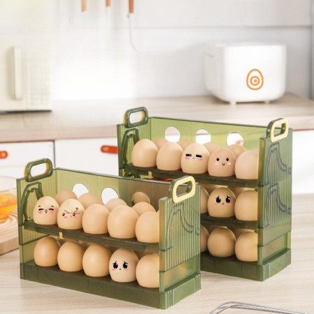 Suport Organizator pentru Oua, Cyrax, pentru Frigider, Verde transparent, Capacitate 20 oua, Doua straturi, cu Data de Expirare, 25.5x10x17 cm