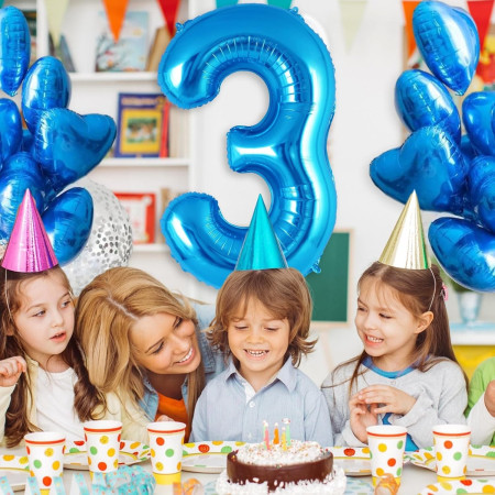 Balon din Folie Metalizata, Cyrax, Figurina Cifra, Tema Aniversare 80 cm, Ambalaj Individual, Pai inclus, Umflare cu Aer sau Heliu, Albastru, Cifra 3