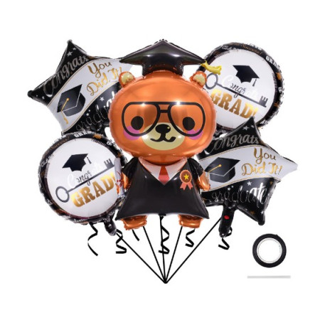 Baloane cu tematica Absolvire, Cyrax, set din 5 baloane, 1 Figurina Ursulet, 2 stele, 2 rotunde, din folie de aluminiu, 70 x 40 cm, Aer si Heliu, Alb Negru