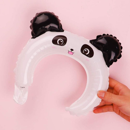 Balon din Folie Metalizata, Cyrax, Tip Coronita cu Urechi, Model Panda, Ambalaj Individual, Pai Inclus, Umflare cu Aer sau Heliu, 27 x 28 cm, Alb/Negru