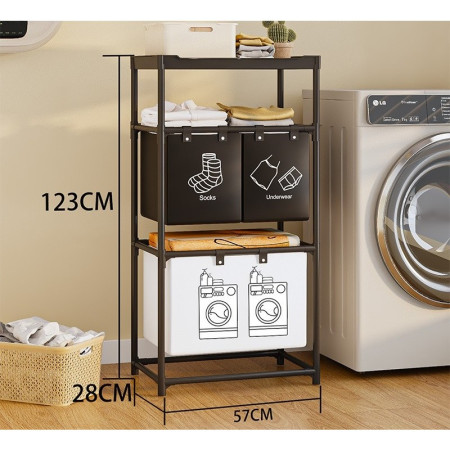 Cos de Rufe,  3 Rafturi, 3 Cosuri, Cadru de Otel Inoxidabil, 123x28x57 cm, Negru