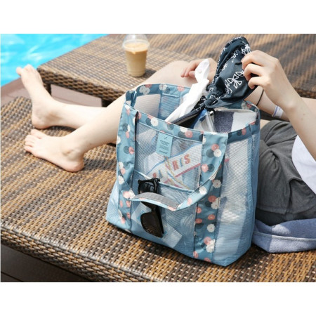 Geanta de Plaja, Cyrax, din Plasa Transparenta, Imprimeu Floral, 43 x 10 x 33 cm, Model pentru Umar, Lungime Inferioara 33 cm, Albastru